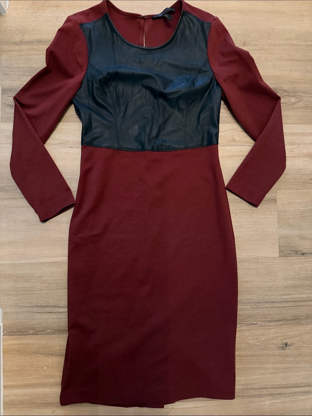BCBGMaxAzria Burgundy Long Sleeve Dress with Black Faux Leather Bodice